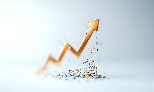 Orange glowing arrow chart breaking through particles showing upward trend and growth on light background, business success concept visualization.