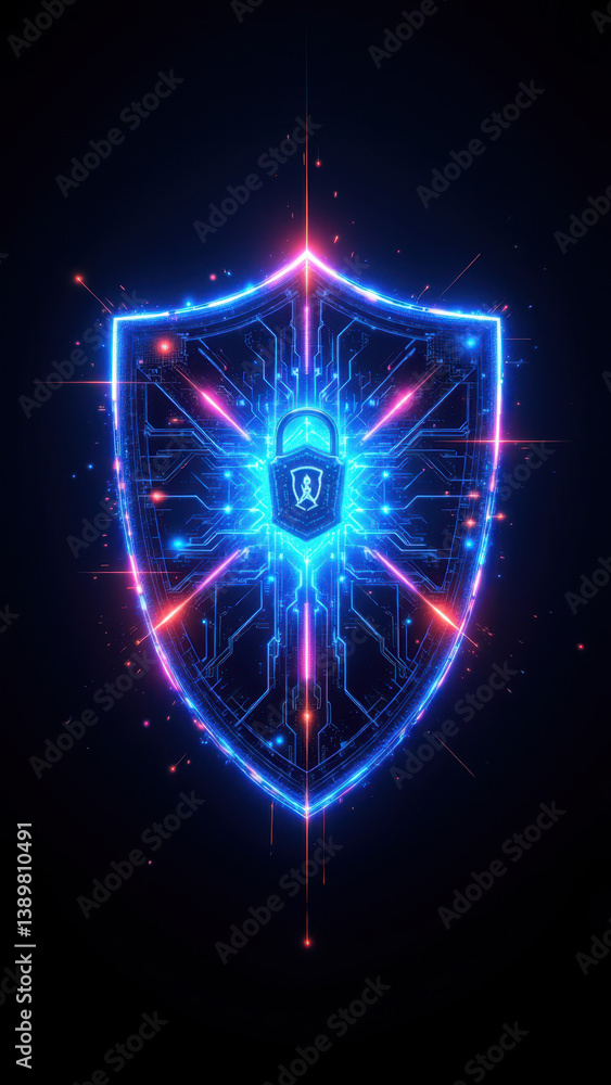 Poster shield with digital lock and chain symbolizing protection in cyberspace.