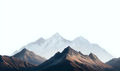 Majestic snow-capped mountain peaks rise above rugged brown ridges in dramatic morning light, creating a minimalist landscape with layered silhouettes.