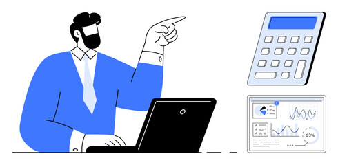 Man working on laptop pointing at financial reports with calculator and data charts in view. Ideal for finance, accounting, strategy, management, analytics, planning, investment. Flat simple metaphor