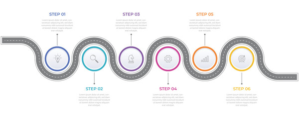Infographic roadmap design template. Business Timeline of 6 Important Business Events annual business presentation. Vector illustration