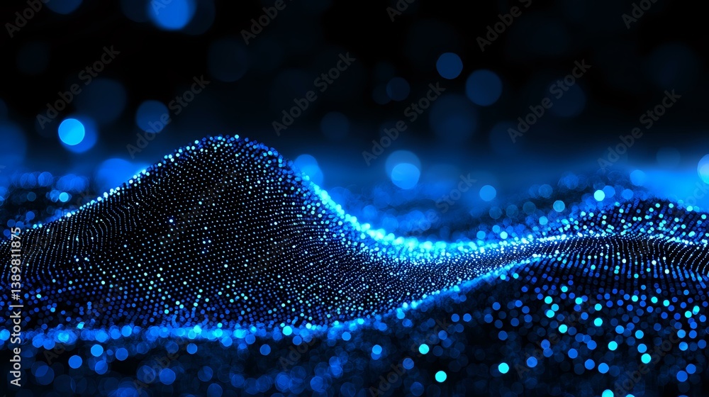 Poster glowing blue particles form dynamic wave pattern against dark background, creating futuristic digita
