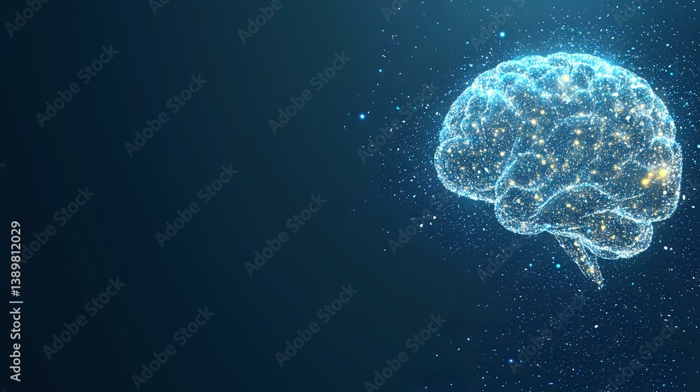 Poster glowing digital brain visualization with connected dots and lines forming neural network on dark bac