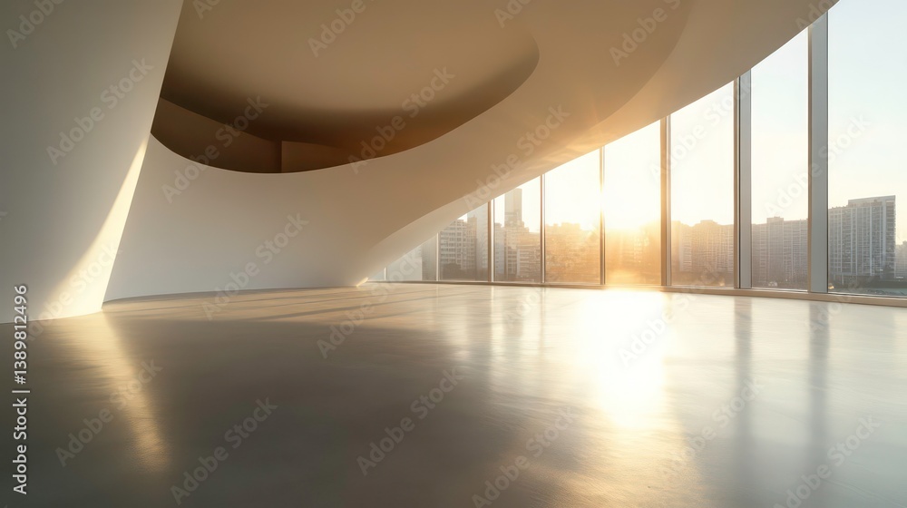 Poster empty modern gallery space with city view. sunlight streams into room. sleek design with large windo
