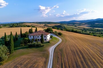 Fototapeta premium An aerial view of a stunning Italian villa nestled amidst golden fields and rolling hills, showcasing the beauty and tranquility of Tuscany's landscape that captivates travelers.