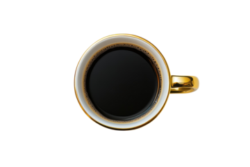 Rich black coffee in elegant gold rimmed cup on white top view Simple luxury