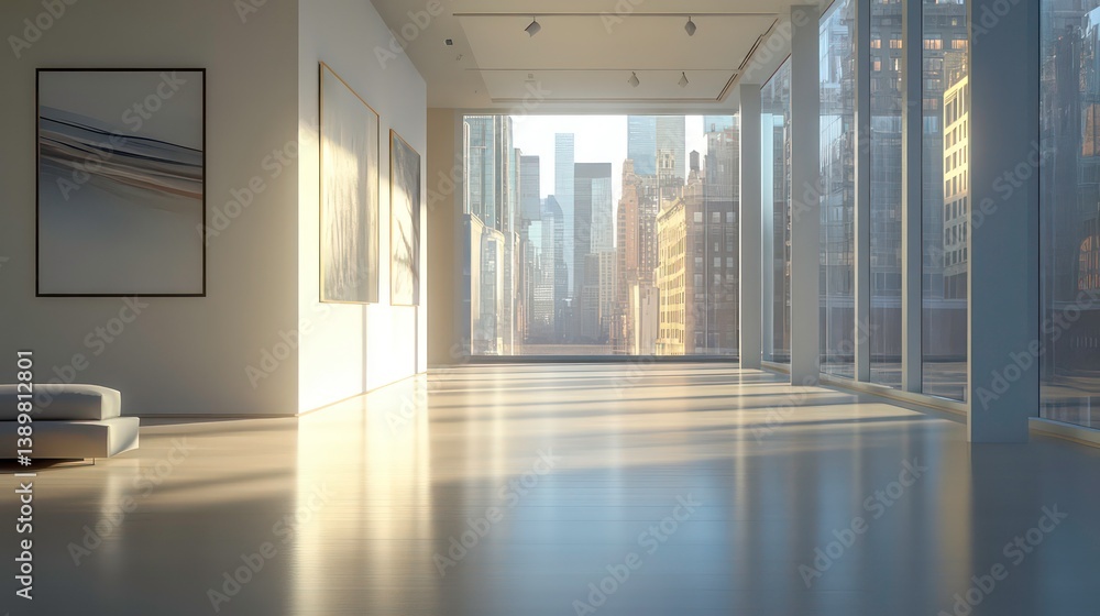 Poster empty modern gallery space with city view. sunlight streams into room. sleek design with large windo