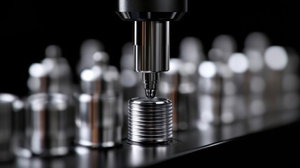 Precision machining process.  Close-up of a  tool precisely inserting a component into a metallic array.  High-quality, manufactured metal parts