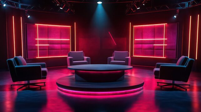 Empty talk show set glows with vibrant pink, red lights. Stylish armchairs surround round table. Studio ambiance inviting. Setup ready for lively discussions. Bright stage lights highlight set.