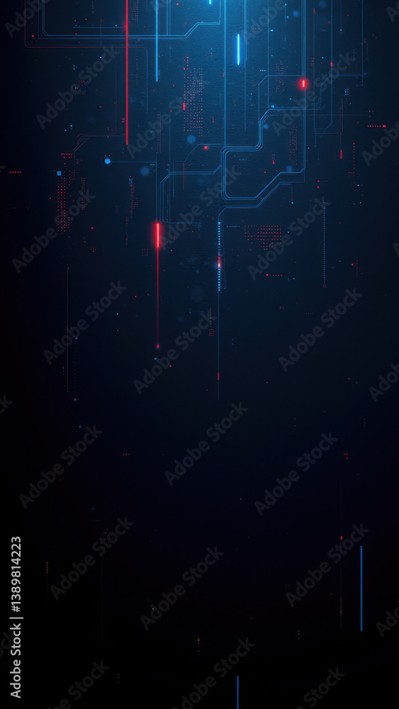 Poster cybersecurity-themed background with a dark, abstract digital landscape featuring neon lights and ci