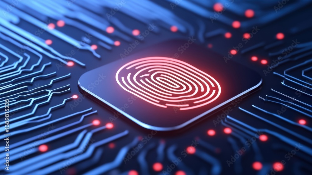 Poster a digital fingerprint on a circuit board, showcasing technology and security in a futuristic design.