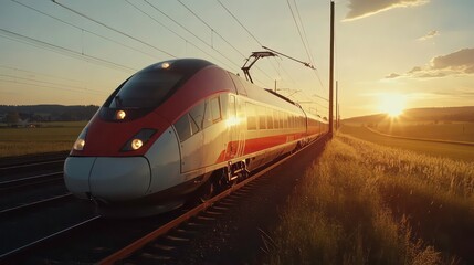 Fototapeta premium Red, white high-speed train travels along tracks at sunset. Vibrant colors. Fast train journey on railway line. Modern transportation. Beautiful view of train tracks. Sunset light shines on train.