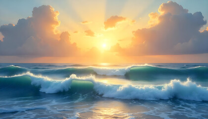 Fototapeta premium A stunning sunset over the ocean, showcasing golden light and rolling, foamy waves gracefully.