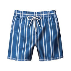 Blue striped swim shorts with white accents, realistic fabric detail, isolated transparent background.