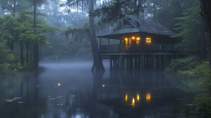 Fototapeta premium Misty swamp cabin on stilts with glowing lights and fireflies