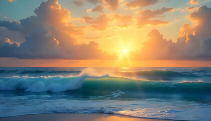 Spectacular sunset illuminates the ocean waves and clouds with golden and blue hues.