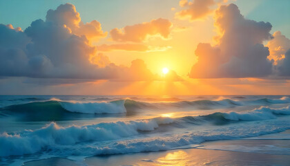 Fototapeta premium The sun sets over the ocean creating a picturesque view of waves and clouds.