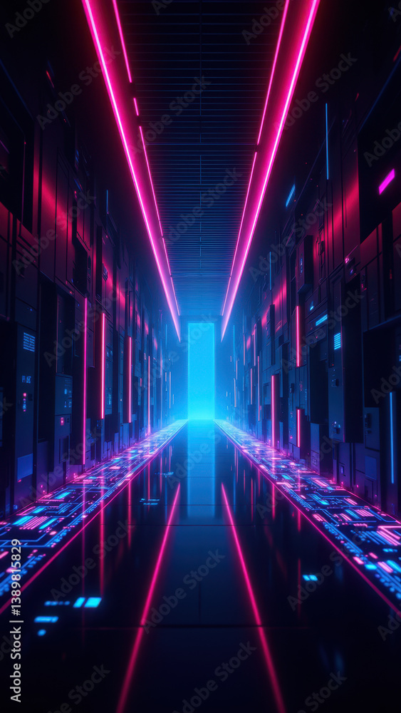Aufkleber futuristic cybernetic data center with neon lights and digital screens, representing advanced cybers