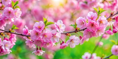 Obraz premium Pink blossoms of cherry tree in full bloom amidst emerald green foliage and vibrant wildflowers, tree, blossoms, tree