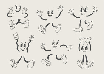 Retro groovy shopping mascot, vintage cartoon shopping cart and bags characters, rubber hose style