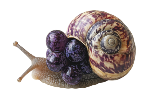 Grape laden snail shell intricate spiral vibrant purple hues against a soft white backdrop
