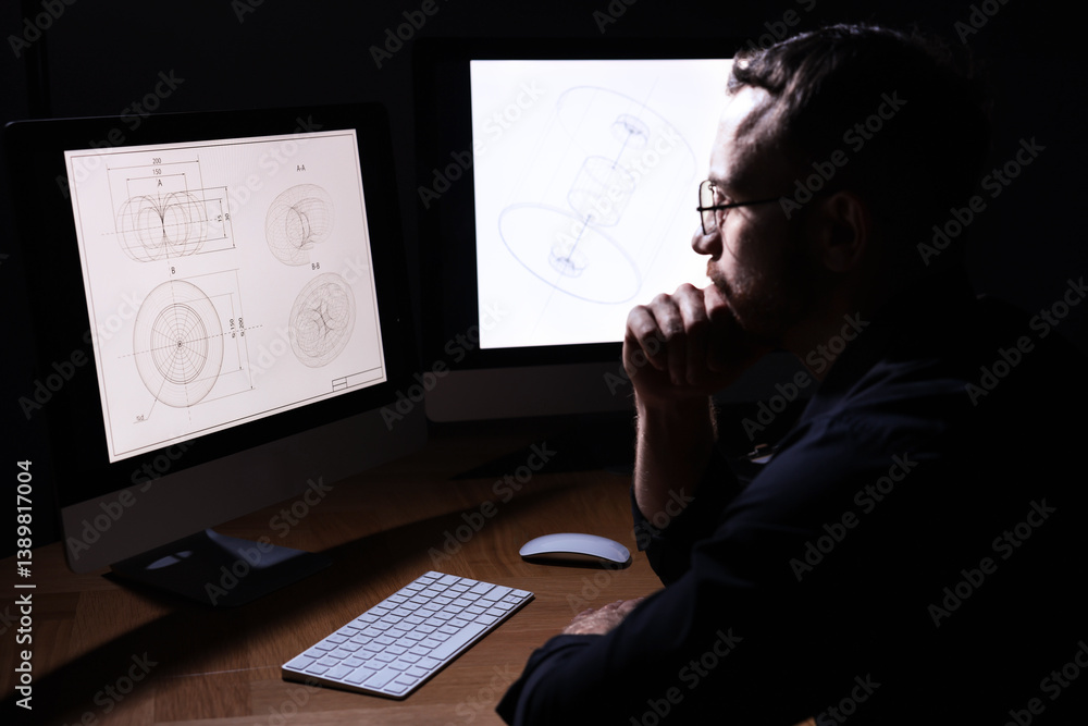 Poster engineer working with digital drawing at table in office