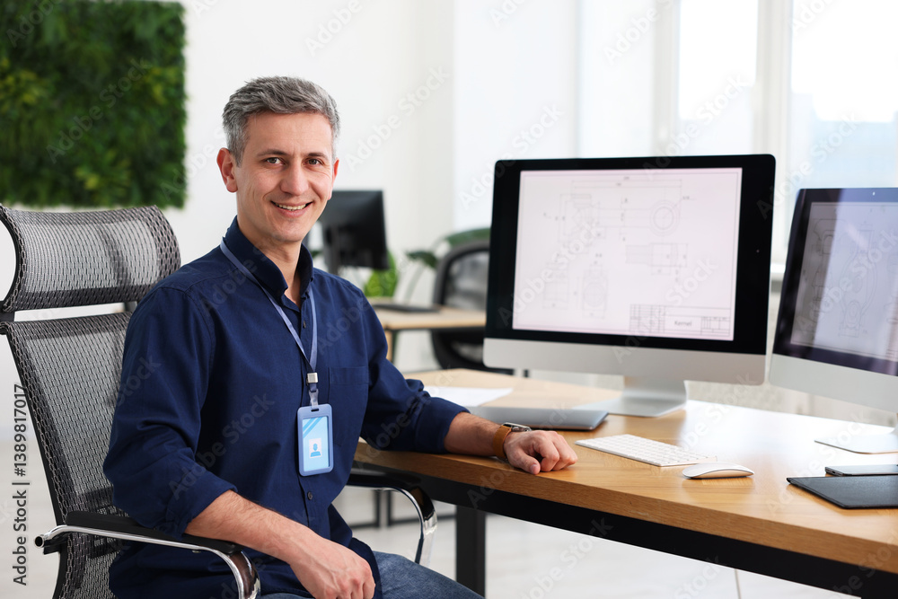 Poster portrait of smiling engineer at table with devices in office