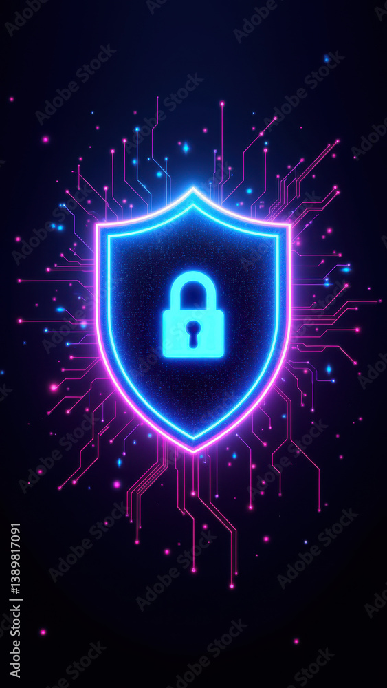 Poster a digital illustration featuring a shield with a lock symbol, surrounded by circuitry and glowing li