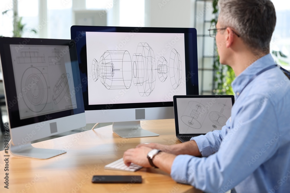 Poster engineer working with devices at table in office