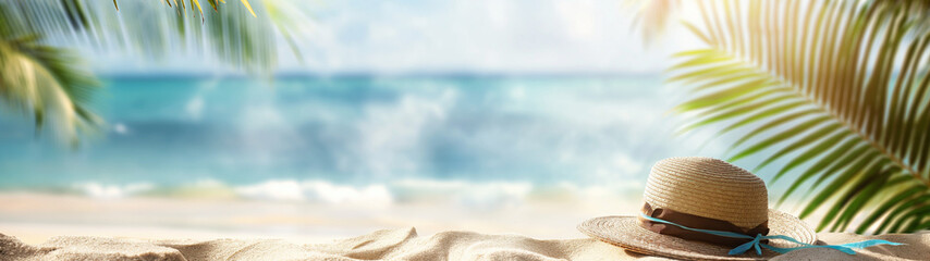Sun hat resting on sandy beach under palm shadows for travel blogs and summer fashion promotions