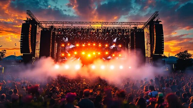 Dramatic sunset backdrop illuminates massive stage & crowd at outdoor music festival