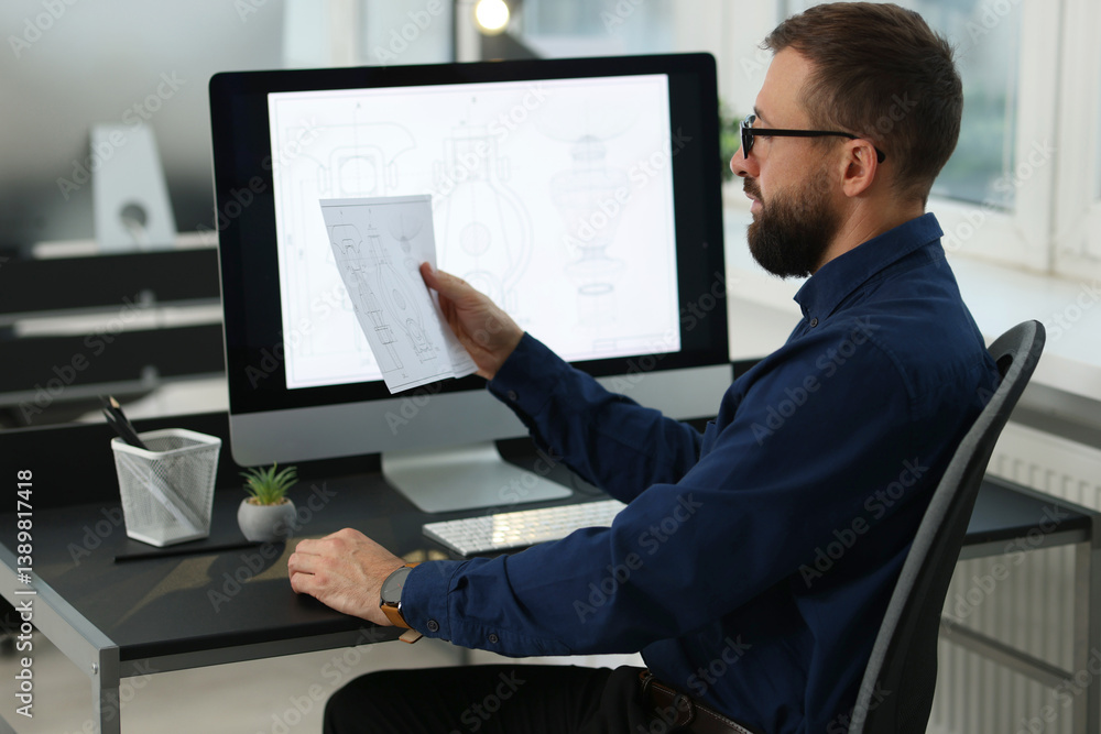 Poster technician making digital engineering drawing on computer at desk in office