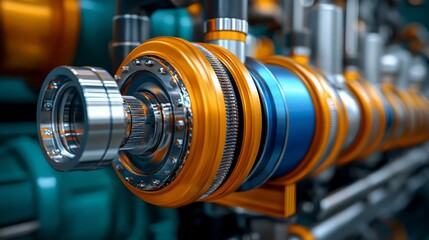 Obraz premium Close-up of a vibrant mechanical component with orange and blue details