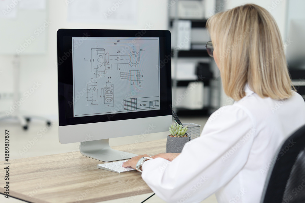 Poster technician making digital engineering drawing on computer at desk in office, back view