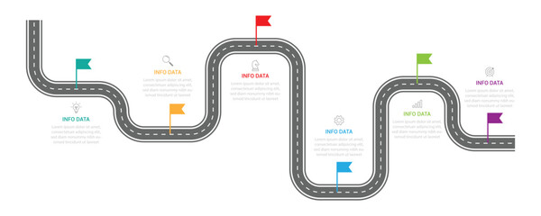 Infographic roadmap design template. Business Timeline of 6 Important Business Events annual business presentation. Vector illustration