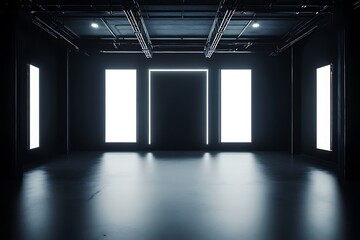 Dark Modern Room with Glowing Rectangles, Concrete Floor and Industrial Ceiling Detail