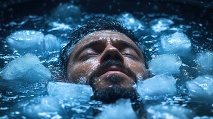 Close-up of a man's face submerged in ice water with closed eyes and floating ice cubes creating a dramatic and chilling visual experience of tranquility