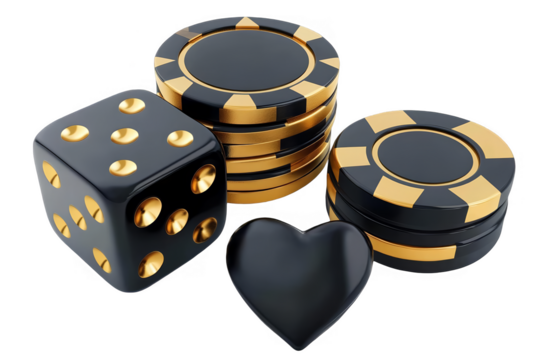 3D Illustration Of Casino Dice Chips And Heart Shape On Black
