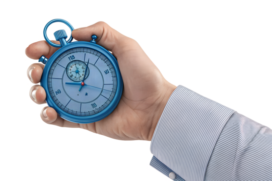 3d hand holding a blue-colored timepiece or stopwatch png - Powered by Adobe