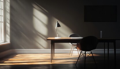 Minimalist office space with sunlight streaming through a window.