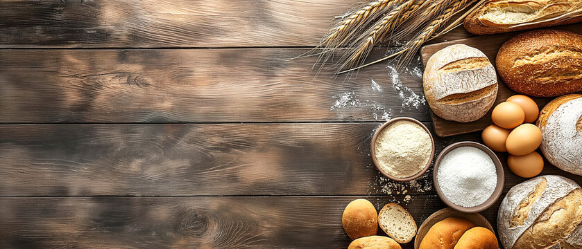 Rustic bakery ingredients and fresh bread on wooden table for culinary blog headers, recipe websites, and artisanal food product branding. Copy space