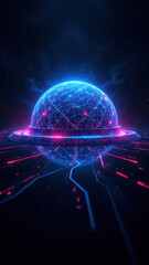 Obraz premium Futuristic digital cyber security illustration with glowing blue orb and circuit lines on a dark background.