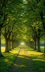 Obraz premium A serene path meanders through a lush green field, bordered by tall, leafy trees. Sunlight filters through the branches, casting dappled shadows on the ground, inviting exploration.