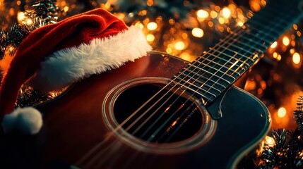 Acoustic guitar with Santa hat, Christmas lights. Festive holiday music concept. Guitar body highlighted by Christmas lights, tinsel. Seasonal decoration, illuminated background. Festive guitar.