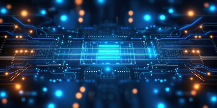 Futuristic Cyberpunk Digital Circuit Board Microchip with Neon Blue Lights