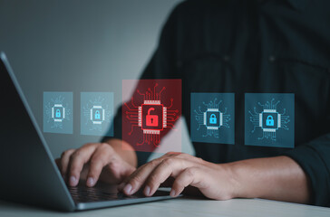 Cyber ​​security risk and data breach concept. Businessman using laptop with digital key icon. Red key open symbol of data breach. Cyber ​​security.