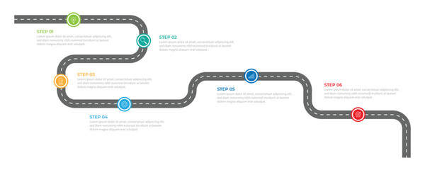 Infographic roadmap design template. Business Timeline of 6 Important Business Events annual business presentation. Vector illustration