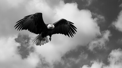 Obraz premium Majestic Bald Eagle in Flight: A Black and White Masterpiece