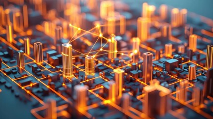 A bird seye view of a vibrant city, with glowing lines linking buildings to illustrate interconnected communication systems