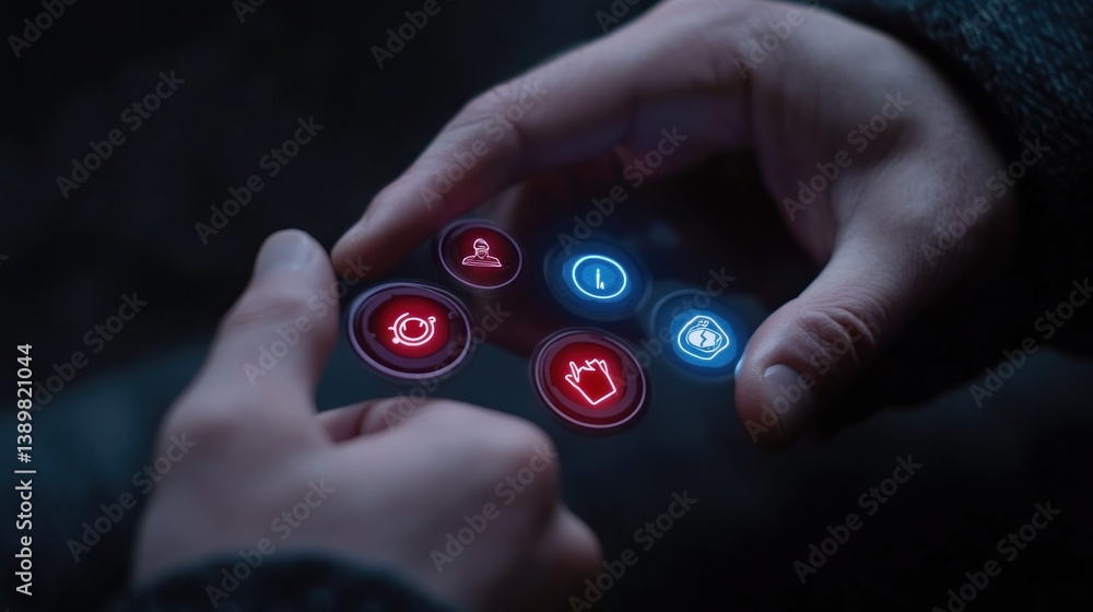 Poster futuristic interface: hands interacting with holographic buttons